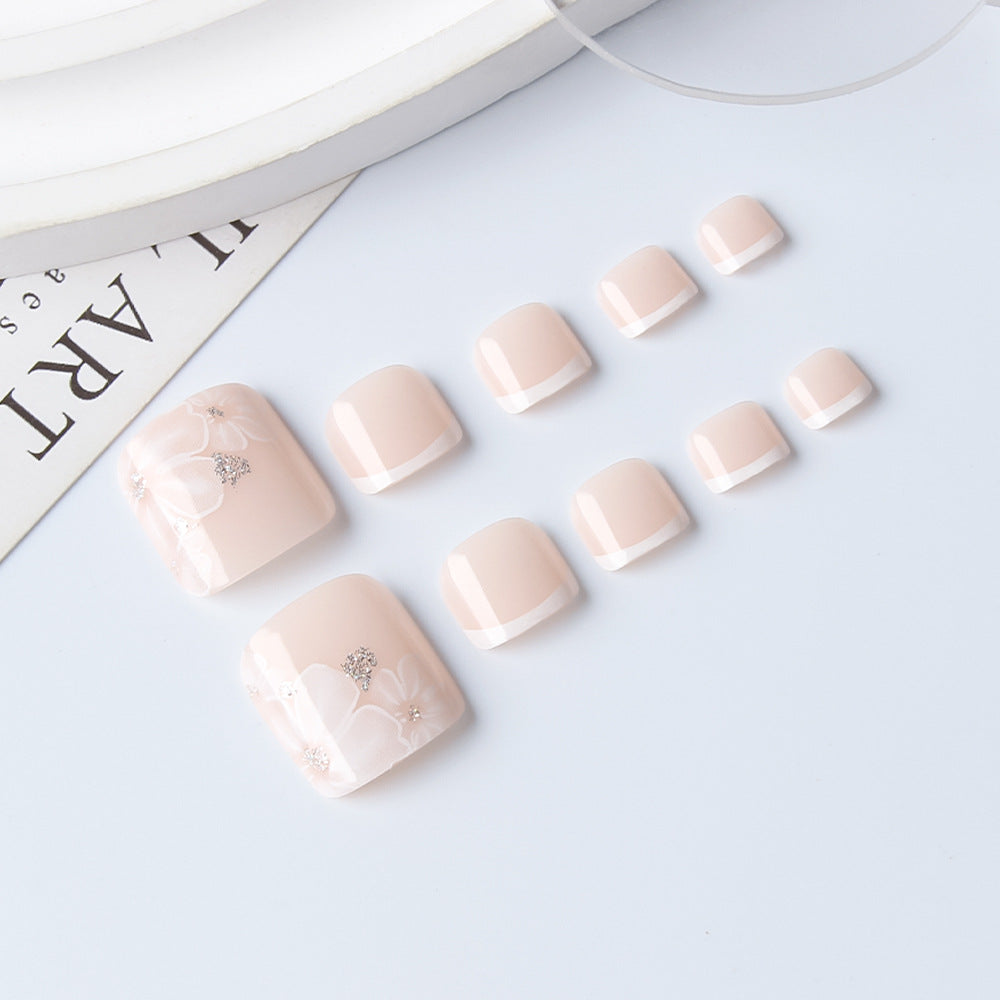 Elegant Garden Bliss Short Square Soft Pink Floral Design Press On Toenail Set