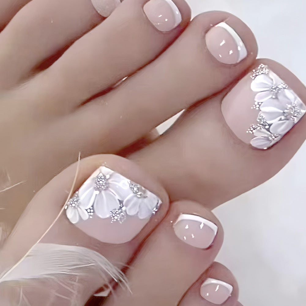 Whimsical Garden Inspired Short Square Press On Toenail Set in Soft Pink with Floral Accents and Elegantly Sparkling Details