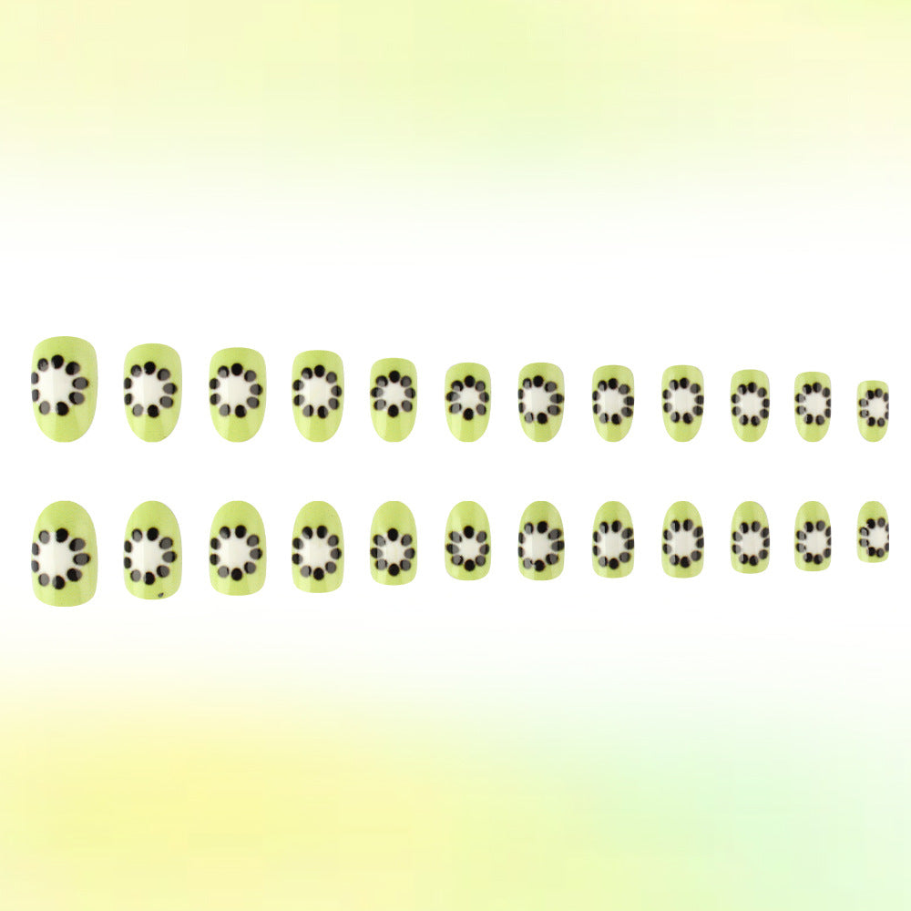 Fruit Inspired Elegant Medium Oval Green Press-On Nails with Whimsical Polka Dot Design