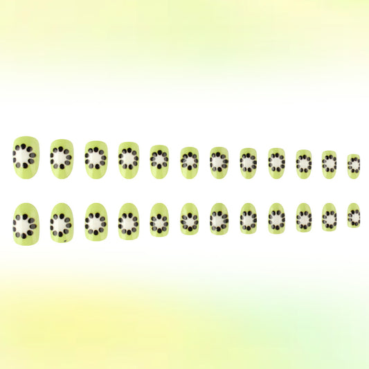 Fruit Inspired Elegant Medium Oval Green Press-On Nails with Whimsical Polka Dot Design