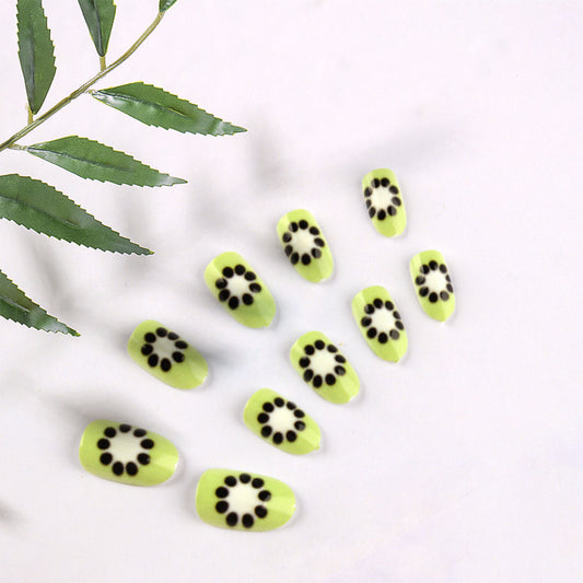 Kiwi Delight Medium Oval Lime Green Press On Nail Set with Unique Dot Design