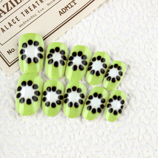Tropical Vibe Medium Oval Lime Green Press-On Nail Set with Whimsical Black Polka Dot Design