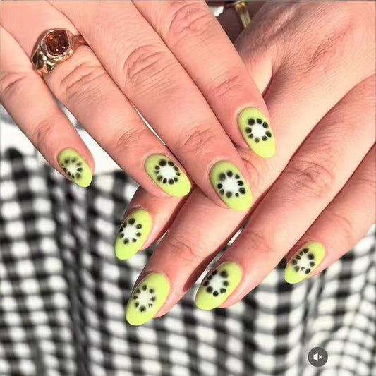 Tropical Kiwi Inspired Medium Oval Shaped Bright Green Press On Nail Set with Unique Fruit Slice Design