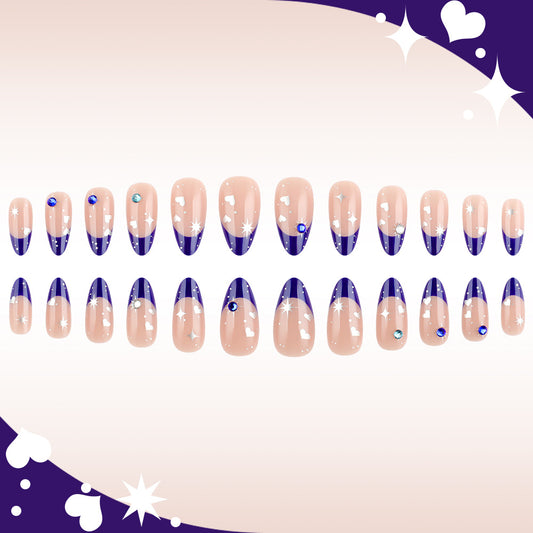 Celestial Dreams Long Almond Shaped Beige and Navy Press On Nails with Sparkling Gems