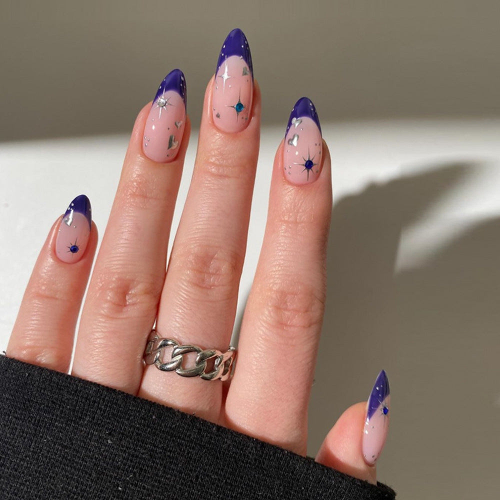 Galactic Glamour Long Almond Purple Gradient Press-On Nail Set with Sparkling Star Accents