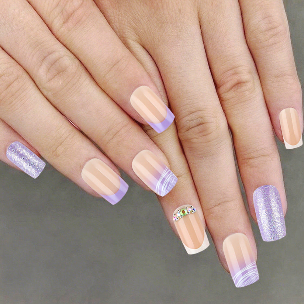 Enchanted Lavender Elegance Medium Square Soft Beige with Glitter and Gem Accent Press On Nail Set