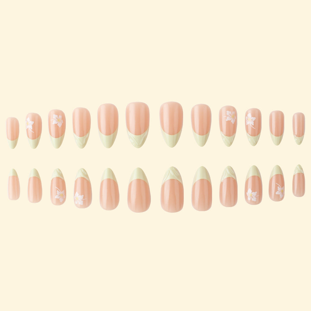 Whimsical Elegance Long Almond Peach and Green French Tip Nail Set with Floral Accents