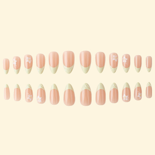 Whimsical Elegance Long Almond Peach and Green French Tip Nail Set with Floral Accents