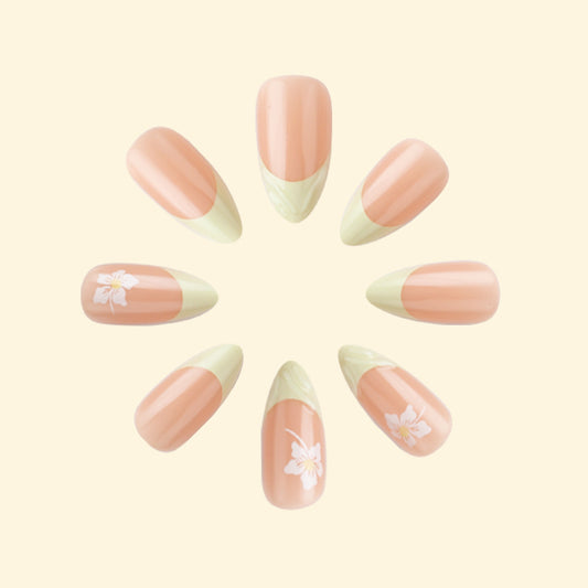 Blossom Dream Press On Nails Set Long Almond Peach and Mint with Floral Design