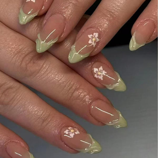 Enchanted Garden Long Almond Transparent Green with Floral Accents Press On Nail Set