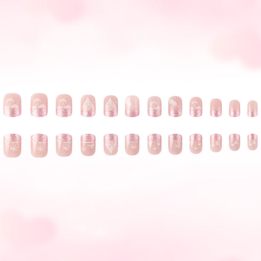 Tropical Bliss short Square Press On Nail Set in Soft Pink with Sparkling Glitter Tips and Charming Palm Tree Designs