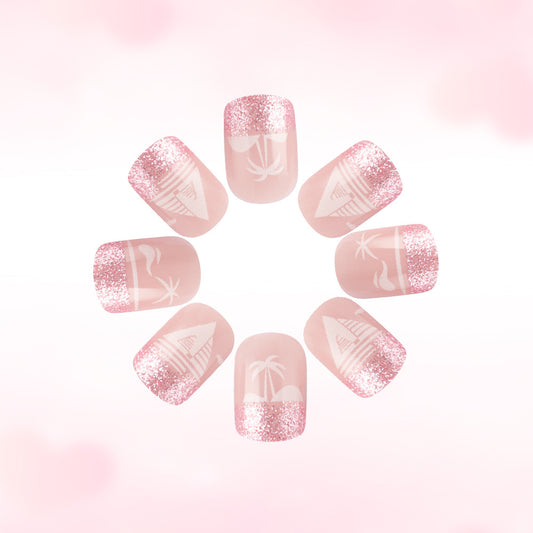 Tropical Paradise Press On Nail Set Short Square Soft Pink with Glittery Beach Icons