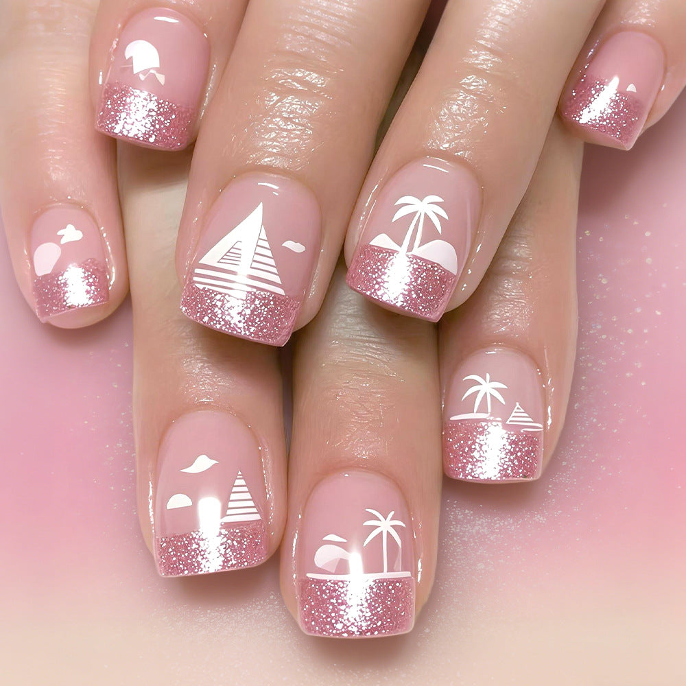 Tropical Paradise Short Square Pink Glitter Ombre Press On Nail Set with Beach Themed Art
