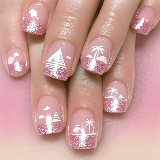 Tropical Paradise Short Square Pink Glitter Ombre Press On Nail Set with Beach Themed Art