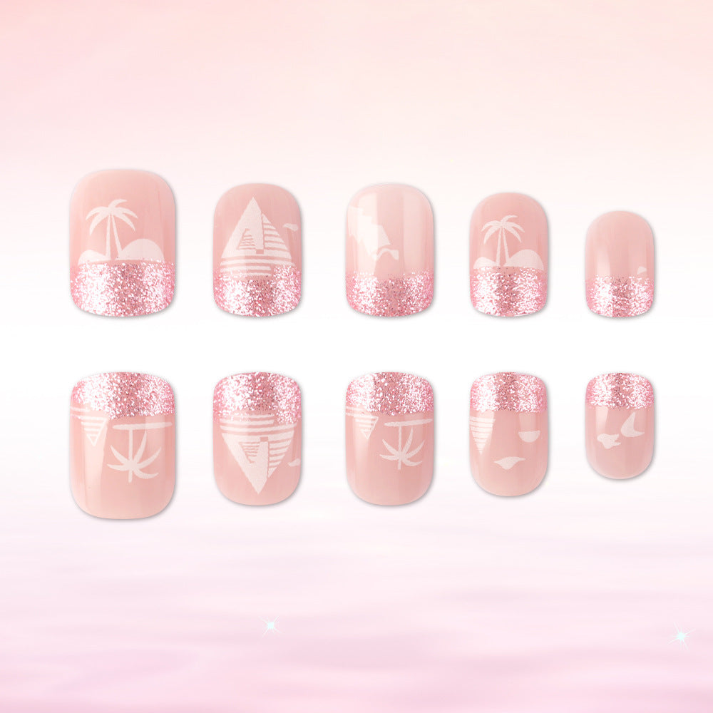 Tropical Paradise Short Square Press On Nails in Soft Pink with Sparkling Glitter Tips and Elegant Island Designs