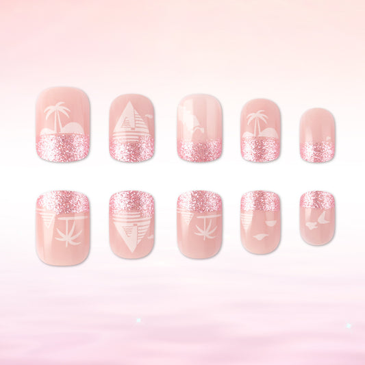 Tropical Paradise Short Square Press On Nails in Soft Pink with Sparkling Glitter Tips and Elegant Island Designs