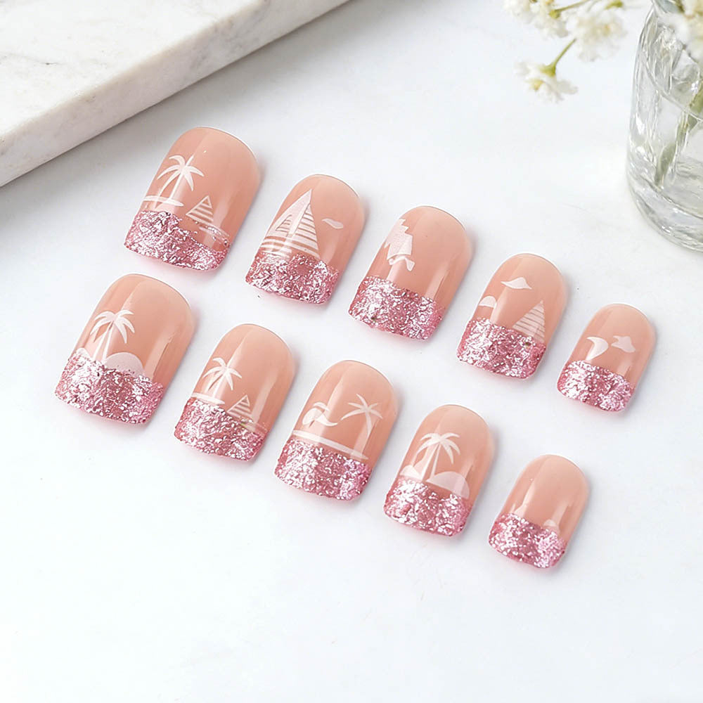 Tropical Paradise Short Square Pink Glitter Ombre Press-On Nail Set with Stunning Beach-Themed Designs