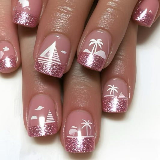 Tropical Paradise Short Square Pink with Glittery Beach Designs Press On Nail Set