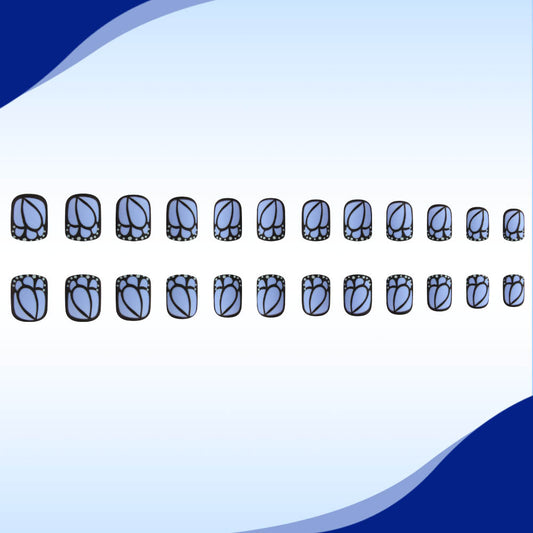 Whimsical Garden Inspired Short Square Blue with Floral Accent Press On Nail Set