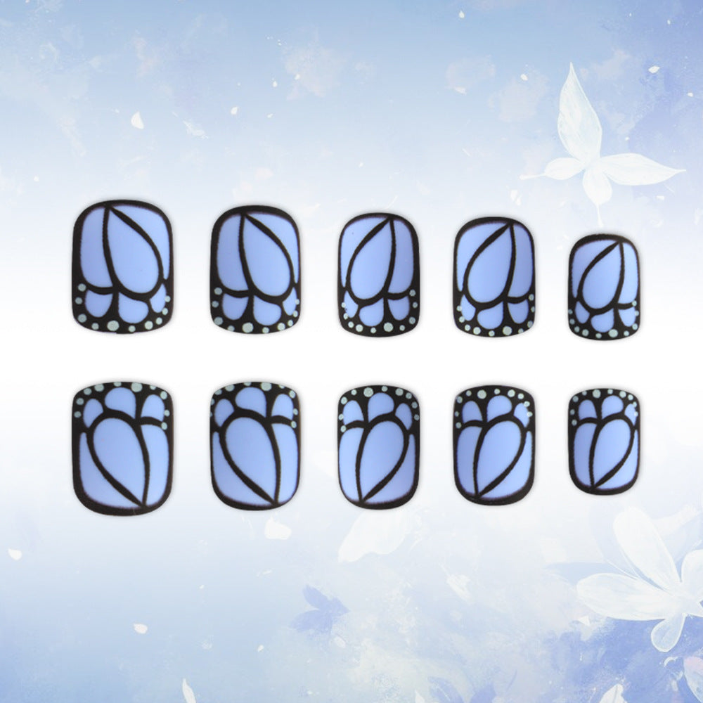 Elegant Butterfly Dreams Blue Short Square Press On Nail Set with Unique Floral Design