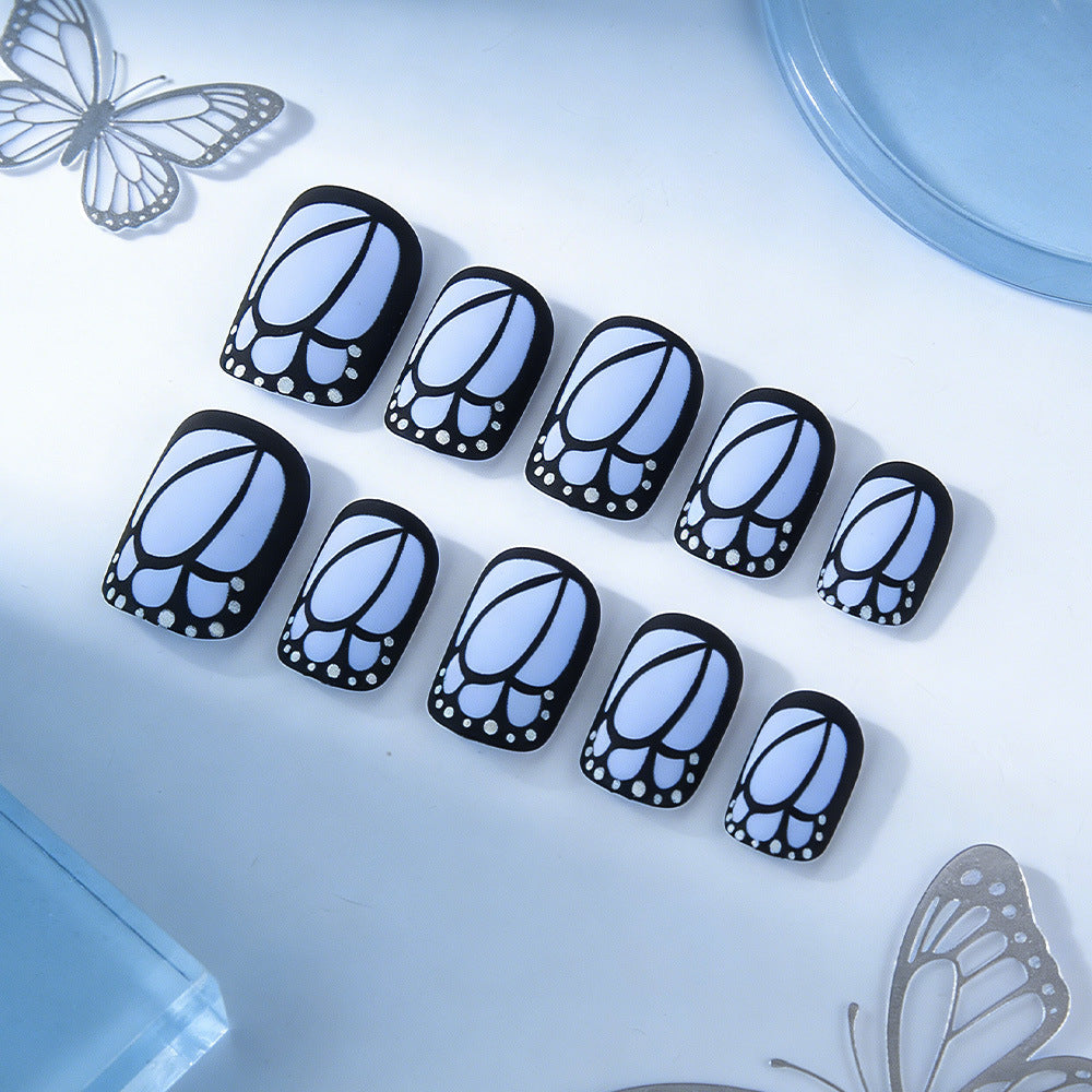 Butterfly Whimsy Short Square Black and Blue with Elegant Flower Design Press On Nail Set