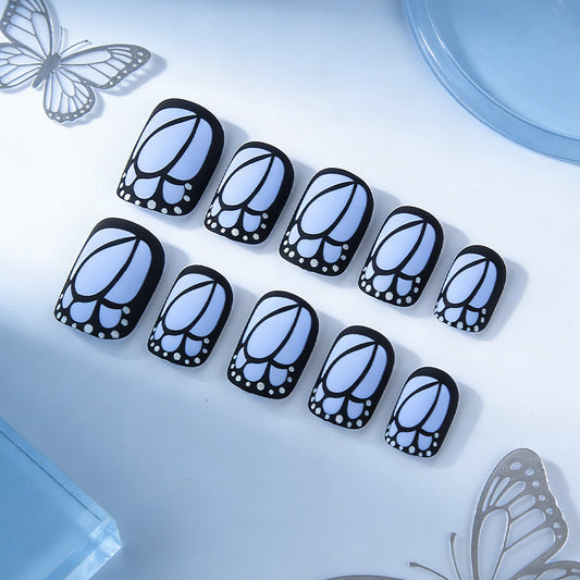 Butterfly Whimsy Short Square Black and Blue with Elegant Flower Design Press On Nail Set