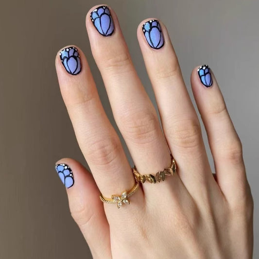 Enchanted Garden Short Square Blue Butterfly Nail Set with Sparkling Accent