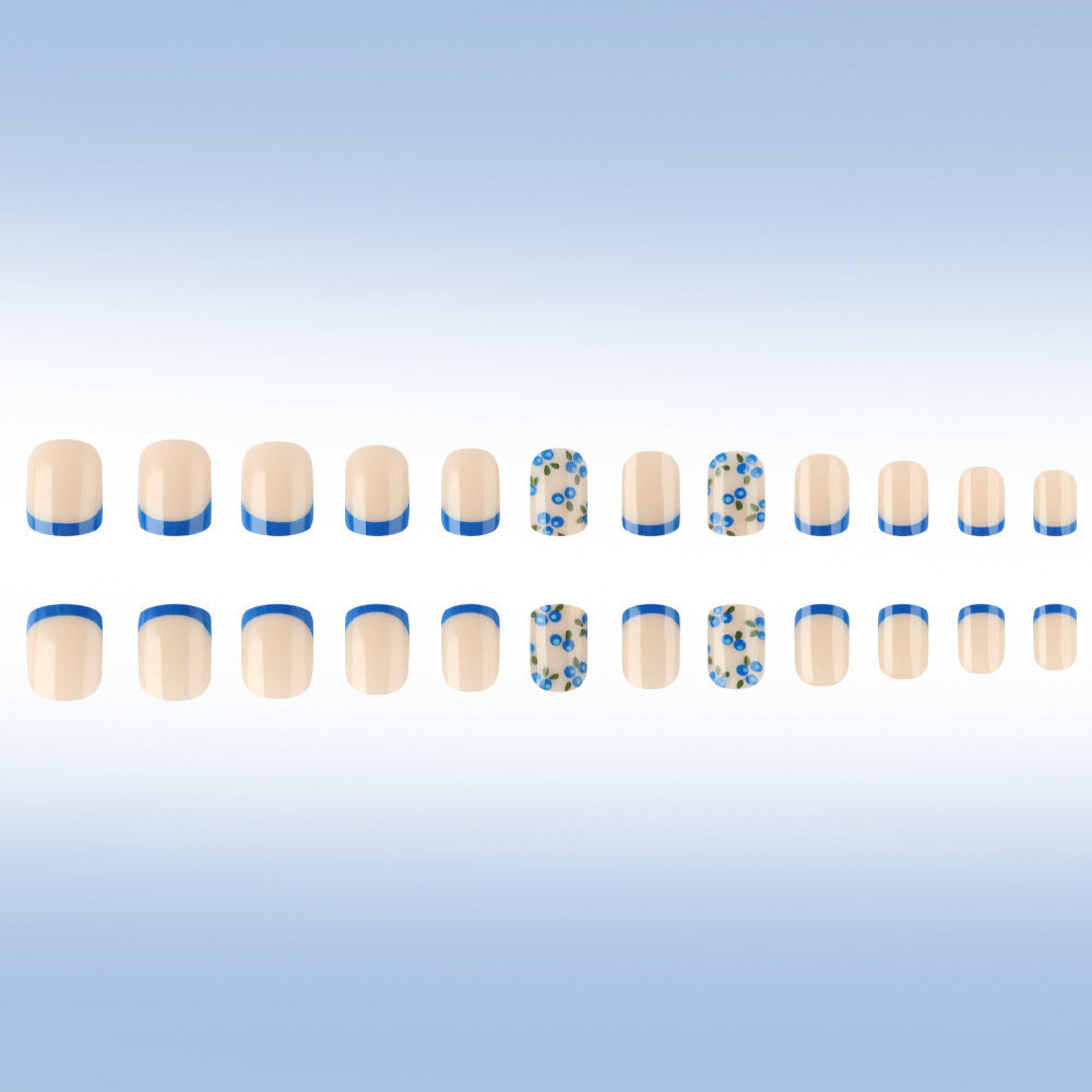 Whimsical Garden Short Square Ivory Press On Nail Set with Blue Stripes and Floral Design