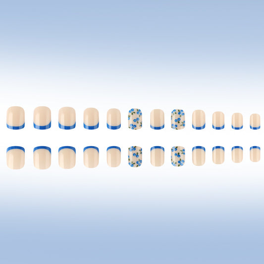Whimsical Garden Short Square Ivory Press On Nail Set with Blue Stripes and Floral Design