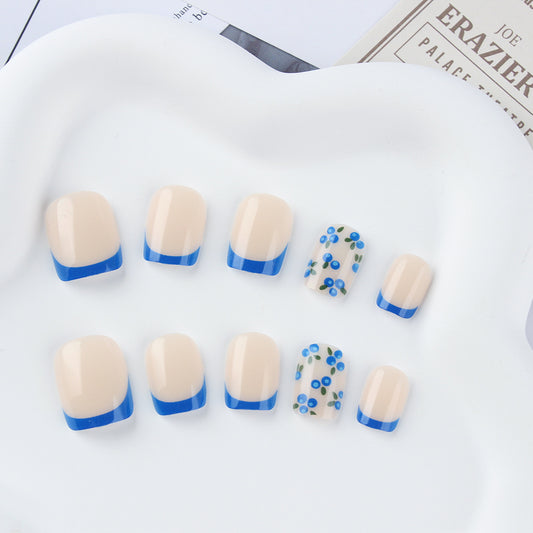 Charming Ocean Breeze Short Square Natural Beige Nail Set with Blue Tips and Floral Accents