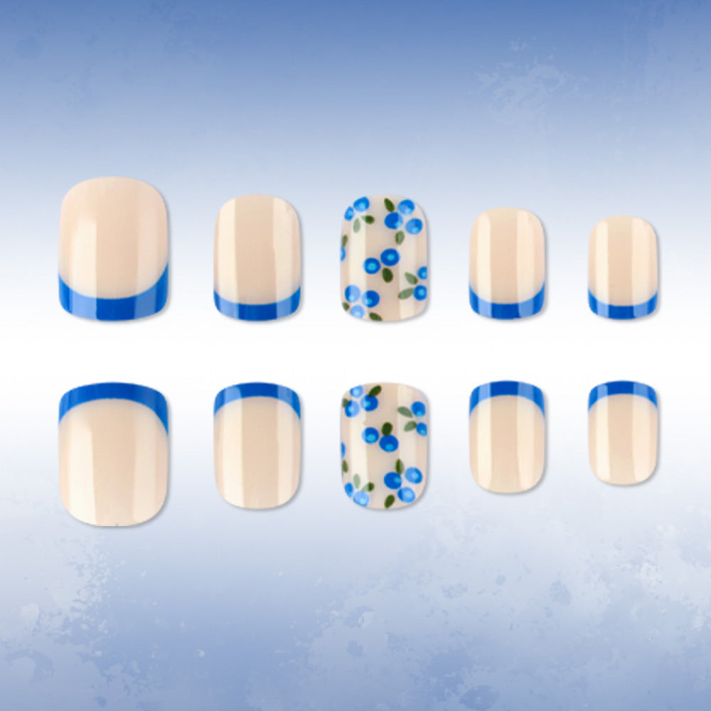 Blooming Garden Elegant Short Square Blue Accent Nail Set with Floral Design