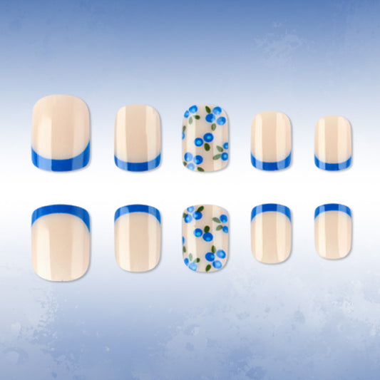 Blooming Garden Elegant Short Square Blue Accent Nail Set with Floral Design