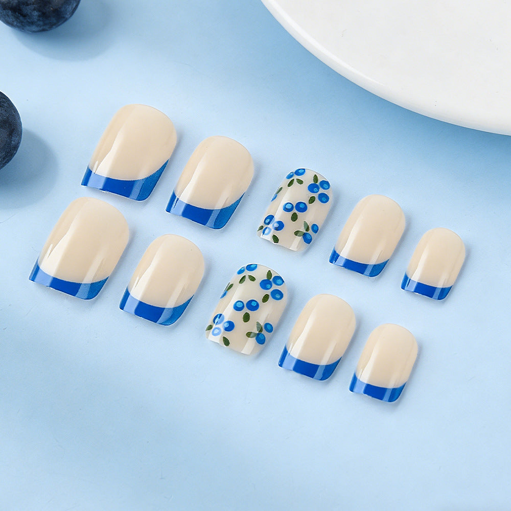 Blueberry Blossom Gel Press On Nails in Short Square Shape Creamy Beige with Chic Blue Accents and Floral Design