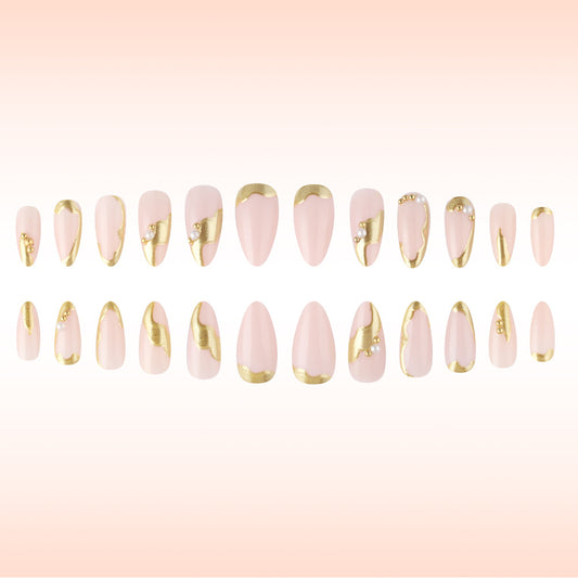 Whimsical Elegance Long Almond Blush Pink Press On Nail Set with Gold Accents and Unique Pearl Embellishments