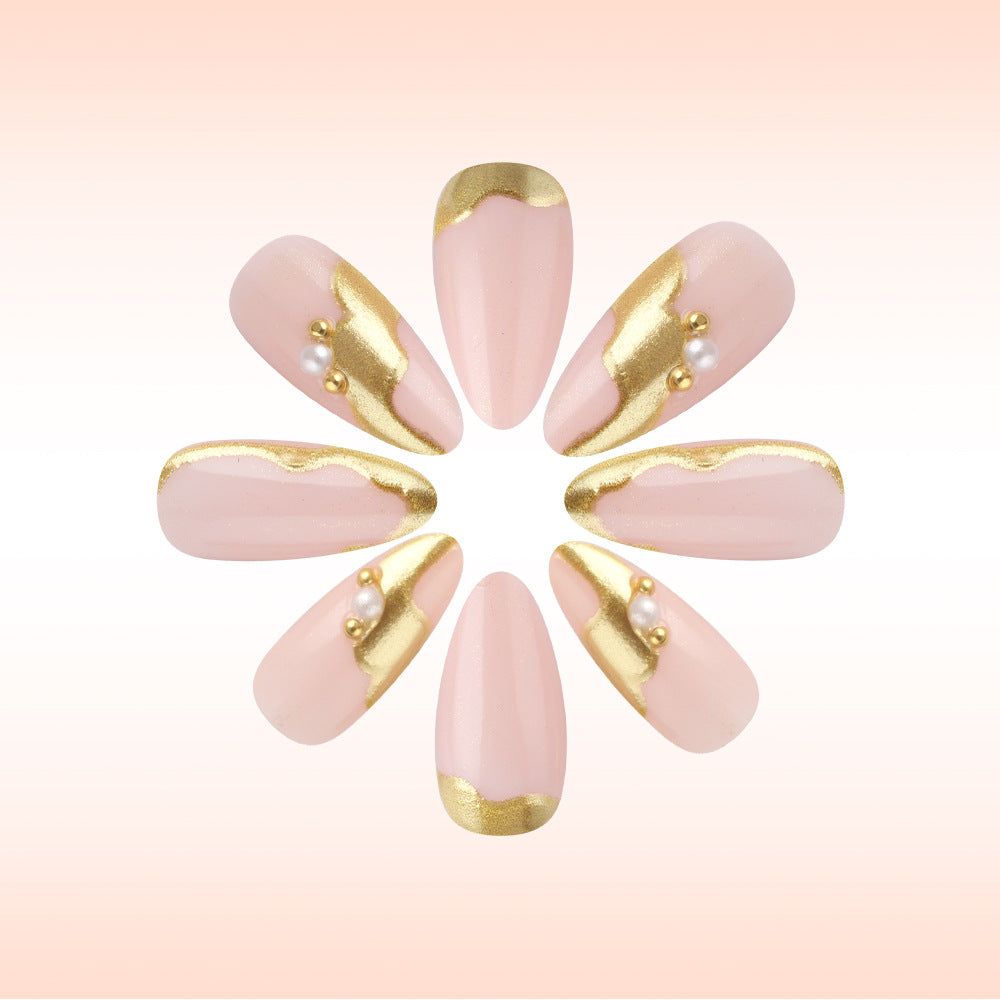 Elegant Blossom Long Almond Pink Nails with Gold Trim and Pearls