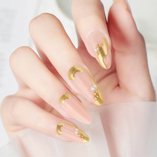 Glamorous Elegance Long Almond Transparent with Gold Accents and Pearl Details Press-On Nail Set