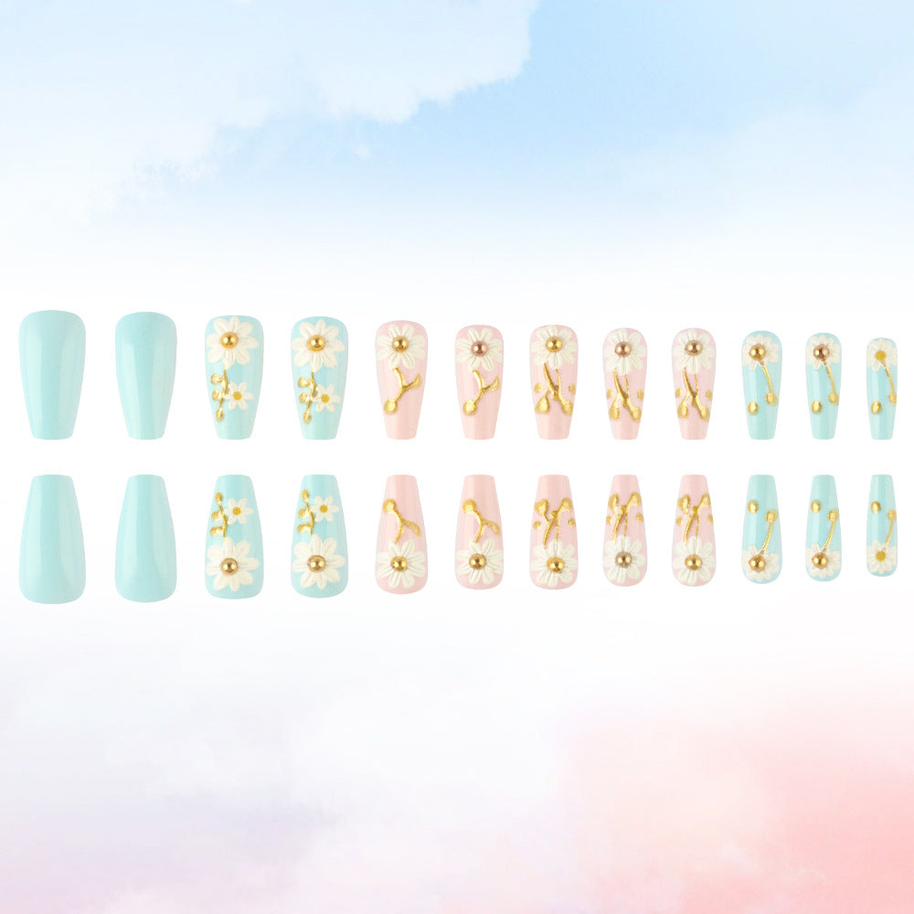 Whimsical Bloom Blossoming Press-On Nail Set Long Coffin Shaped Pastel Blue and Pink with Floral Accents and Gold Details