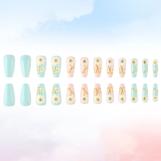 Whimsical Bloom Blossoming Press-On Nail Set Long Coffin Shaped Pastel Blue and Pink with Floral Accents and Gold Details