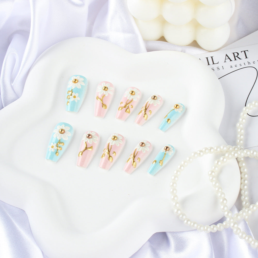 Whimsical Floral Delight Long Coffin Shaped Sky Blue and Soft Pink Press on Nail Set with Gold Accents