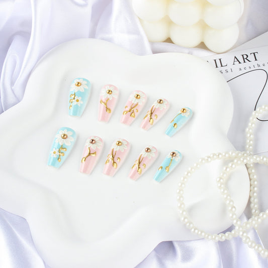 Whimsical Floral Delight Long Coffin Shaped Sky Blue and Soft Pink Press on Nail Set with Gold Accents