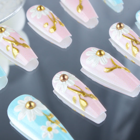 Whimsical Garden Long Coffin Pink and Blue Floral Nail Set with Gold Accents