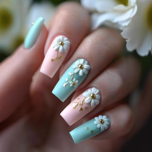 Whimsical Garden Inspired Long Coffin Pastel Blue and Pink Floral Press On Nail Set with Gold Accents