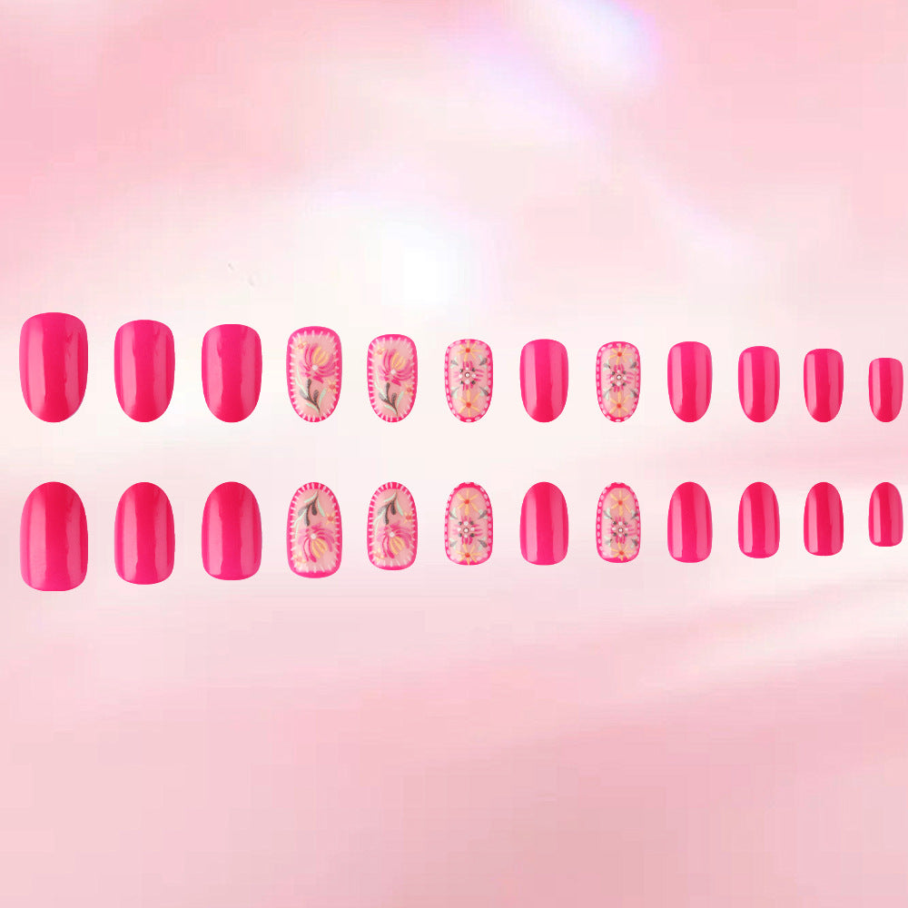 Whimsical Garden Medium Oval Vibrant Pink with Floral Accents Press On Nail Set
