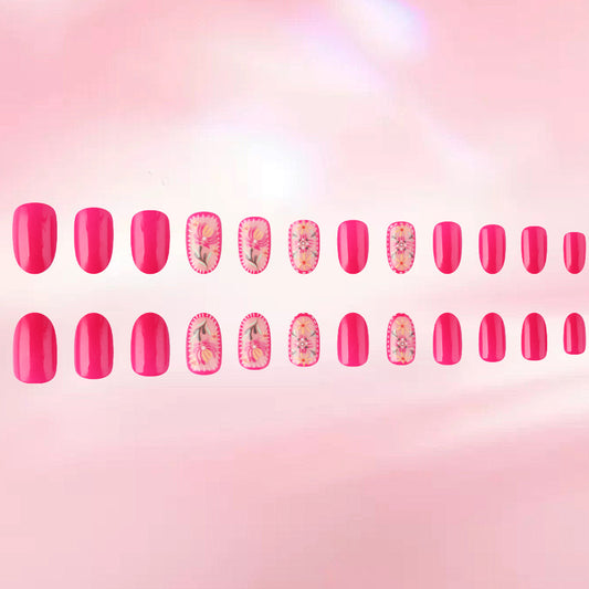 Whimsical Garden Medium Oval Vibrant Pink with Floral Accents Press On Nail Set
