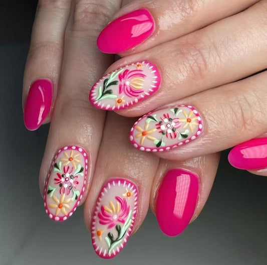 Whimsical Floral Celebration Medium Oval Shaped Hot Pink Press On Nail Set with Stunning Hand-Painted Designs