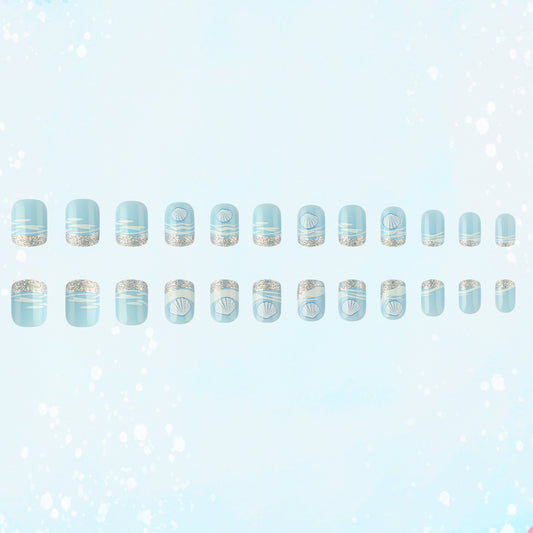 Ocean Breeze Elegant Short Square Light Blue Press On Nail Set with Sparkling Shell Accents