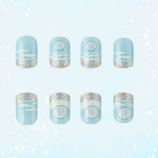 Seaside Serenity Short Square Light Blue with Glitter and Shell Design Press-On Nail Set