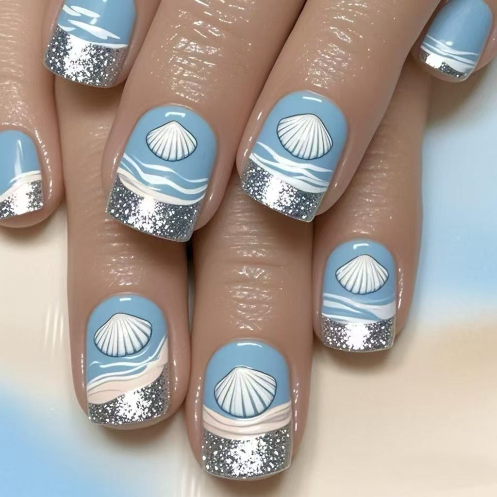 Ocean Breeze Elegant Short Square Light Blue Glittery Shell Press On Nail Set