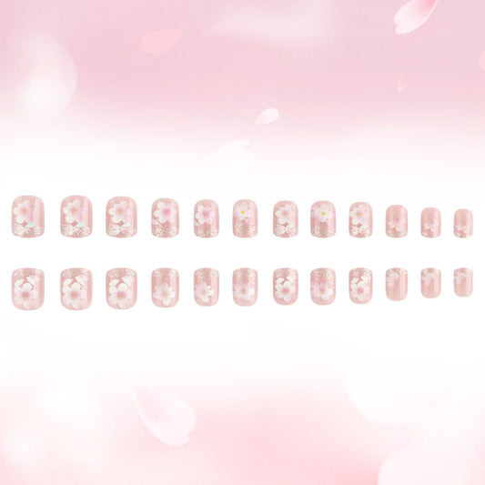 Blossom Elegance Soft Short Square Baby Pink Floral Press On Nail Set with Glitter Accents