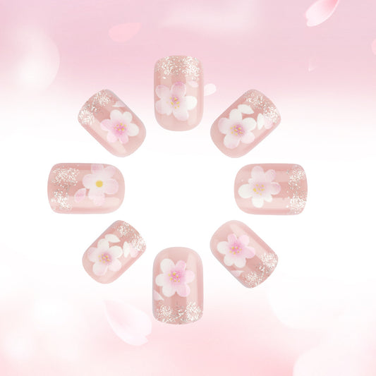 Blossom Dream Press On Nails Set Short Square Pink Floral Design with Shimmering Accent